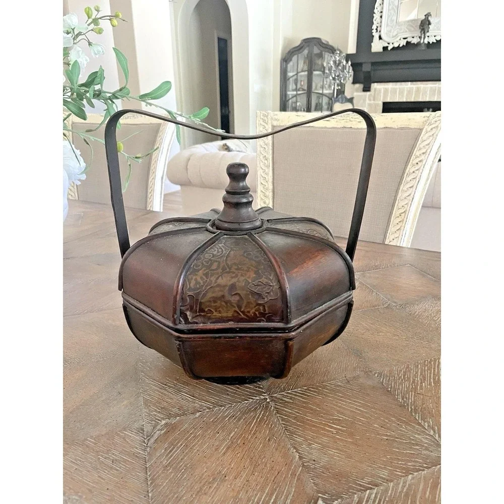 Antique Vintage Chinese Wedding Betrothal Basket  Lidded Handle Wood Rattan